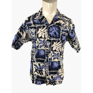 Cintas Hawaiian Aloha Shirt Medium Polynesian Tapa Print Button Front Navy White
